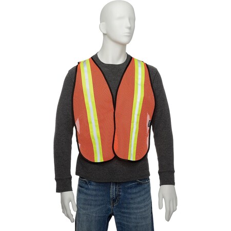 Hi-Vis Safety Vest, 2 Lime/Silver Strips, Polyester Mesh, Orange, One Size